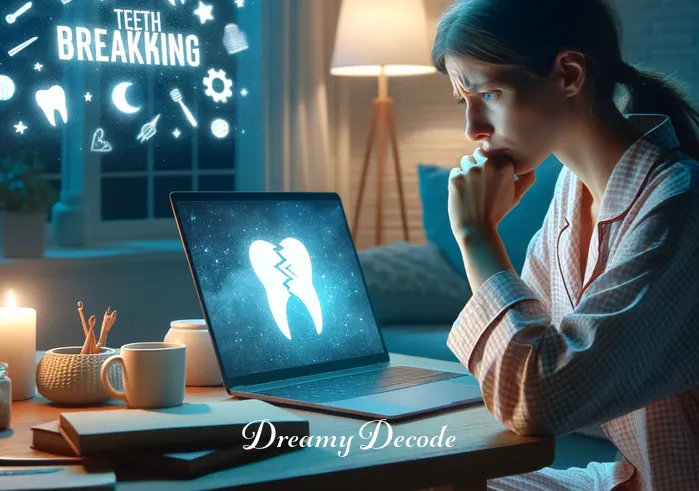 teeth breaking dream meaning _ A person in their pajamas, sitting at a cozy home desk late at night, looking worried as they browse through an article on a laptop. The screen displays the title "Teeth Breaking Dream Meaning", surrounded by various dream interpretation icons.