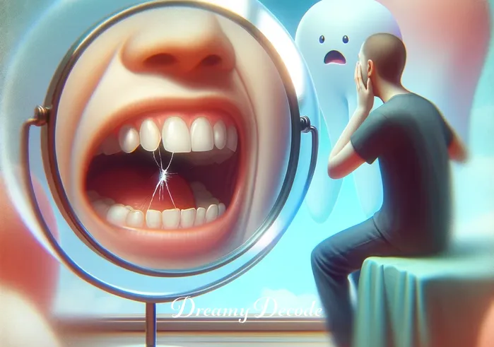 teeth breaking dream meaning _ The same person now asleep, showing a dream bubble. Inside the bubble, there