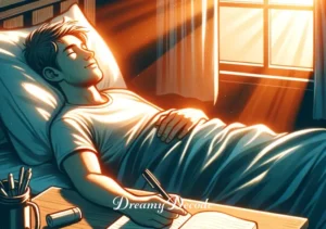 teeth breaking dream meaning _ The final scene depicts the person waking up in their bed, looking relieved yet thoughtful. The morning sun is shining through the window, casting a warm glow on their face. On the nightstand, a notebook is open with notes about the dream.