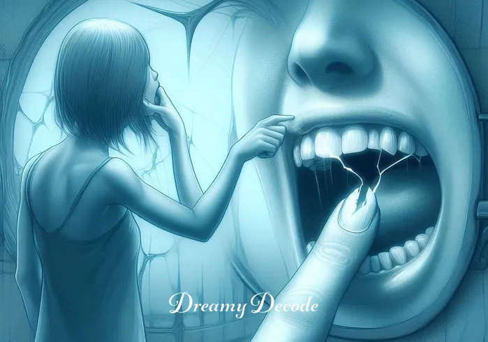 teeth breaking in dream meaning _ In the dream, the dreamer visualizes themselves in a mirror, touching their mouth in concern as one tooth appears cracked, symbolizing the beginning of teeth breaking in the dream.