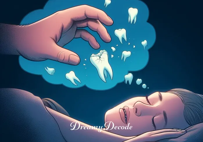 teeth breaking in dream meaning _ The final scene portrays the dreamer waking up, relieved and safe in their bed, with a hand gently touching their mouth, indicating the end of the dream about teeth breaking.
