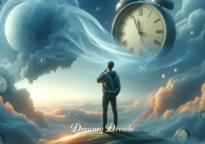 broken arm dream meaning _ The same person now appears in a dreamlike state, standing in a surreal landscape with floating clocks and misty clouds. They are looking curiously at their arm which is glowing with a gentle light, symbolizing introspection and self-awareness.