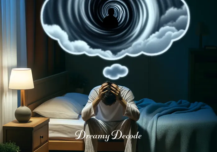 panic attack in dream meaning _ A person sitting in a peaceful bedroom at night, looking visibly stressed and holding their head in their hands, with a dream bubble showing a dark, swirling vortex, symbolizing the onset of a panic attack in a dream.