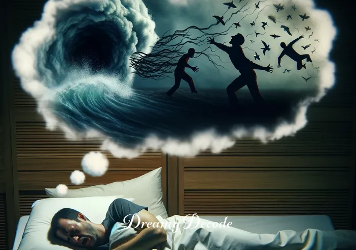panic attack in dream meaning _ The same person now lying in bed, tossing and turning under the covers, with the dream bubble intensifying into a chaotic storm, indicating the escalation of the panic attack in the dream.
