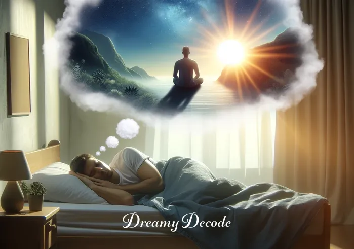 panic attack in dream meaning _ Finally, the person is depicted peacefully sleeping, with the dream bubble transformed into a serene landscape with a rising sun, symbolizing the resolution of the panic attack and a return to restful sleep.