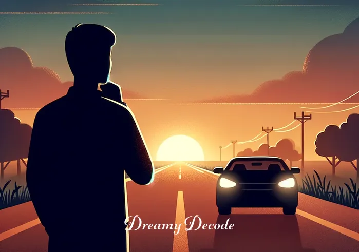 dream of car accident meaning _ A person stands by a road at dusk, looking thoughtfully at a distant car with its headlights on, symbolizing the beginning of a journey or a decision-making process in a dream.