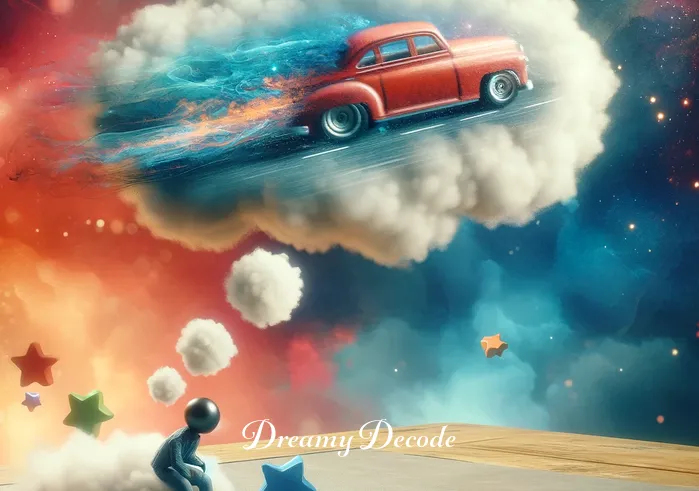 dream of car accident meaning _ The same person is now dreaming, depicted in a thought bubble, where a toy car is seen slipping off a table, representing a dream about losing control or facing unexpected challenges.