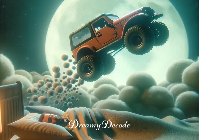 dream of car accident meaning _ In the dream bubble, the toy car lands softly on a cushion, symbolizing a safe resolution and the dreamer