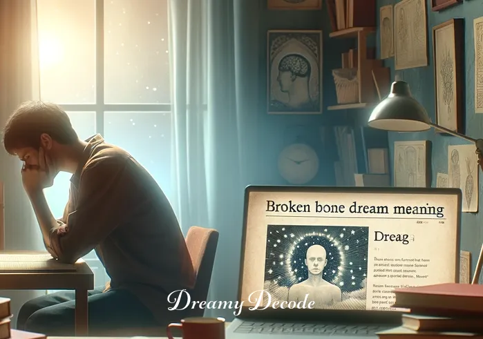 broken bone dream meaning _ A person sitting at a desk with a worried expression, surrounded by dream interpretation books and a laptop displaying an article titled "Broken Bone Dream Meaning". The room is softly lit, creating a contemplative atmosphere.