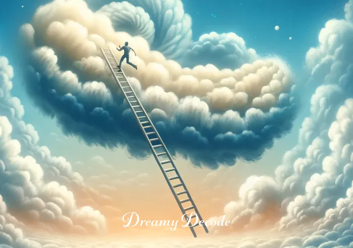 broken bone dream meaning _ A dream sequence illustration showing a person falling from a ladder onto a soft, cloud-like surface, symbolizing a fall but with a surreal, non-threatening twist. The background is a dreamy blue sky with fluffy clouds.