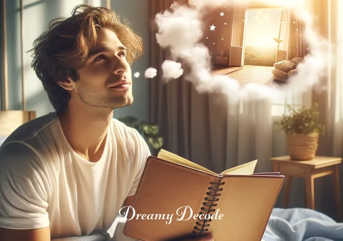 broken bone dream meaning _ A person waking up from a dream with a look of realization and relief, holding a notebook with notes about dream meanings. The bedroom is cozy and inviting, with morning sunlight streaming through the window.