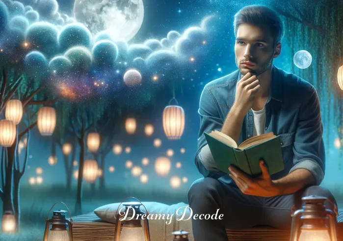 broken bones dream meaning _ A dreamer sits in a serene, moonlit garden, holding a book about dream interpretation. The garden is filled with soft, glowing lanterns, and the dreamer has a thoughtful expression, suggesting contemplation and the quest for understanding.