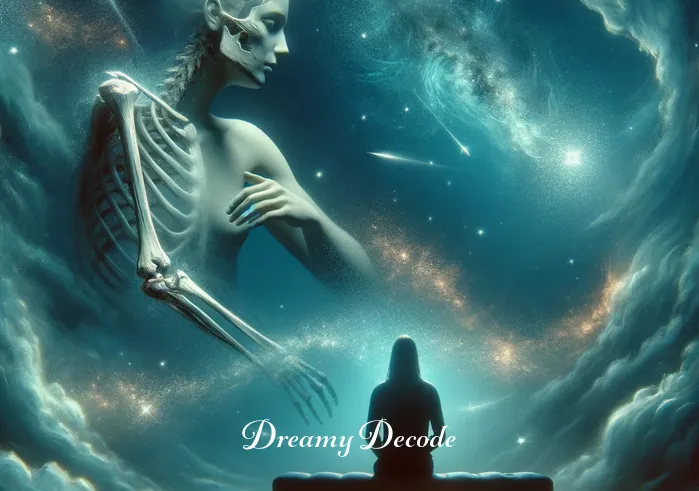 broken bones dream meaning _ In the dream world, the dreamer witnesses an ethereal figure with a fractured arm, symbolizing broken bones. The setting is surreal, with a backdrop of swirling mist and faint stars, conveying a sense of mystery and introspection.