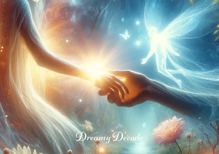 broken bones dream meaning _ The dream transitions to a scene of healing, where the ethereal figure’s arm is being mended by a glowing light, signifying recovery and strength. The surroundings are peaceful and radiant, with a gentle stream and blooming flowers, embodying hope and rejuvenation.