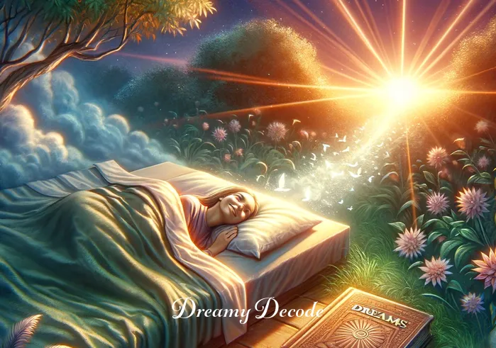 broken bones dream meaning _ The final image shows the dreamer awakening in the garden, smiling and enlightened. The book on dream interpretation lies closed beside them, and the first light of dawn breaks through, symbolizing new understanding and a sense of peace gained from the dream journey.