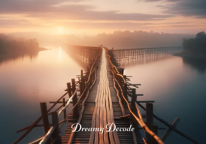 broken bridge dream meaning _ A serene landscape at dusk, with a long, wooden bridge stretching across a calm river. The bridge is intact and well-maintained, symbolizing a journey