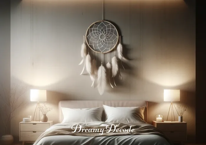 broken ceiling dream meaning _ A serene bedroom with a large bed and soft lighting. The ceiling is intact, and a dreamcatcher hangs above the bed, symbolizing peaceful sleep and protection from bad dreams.