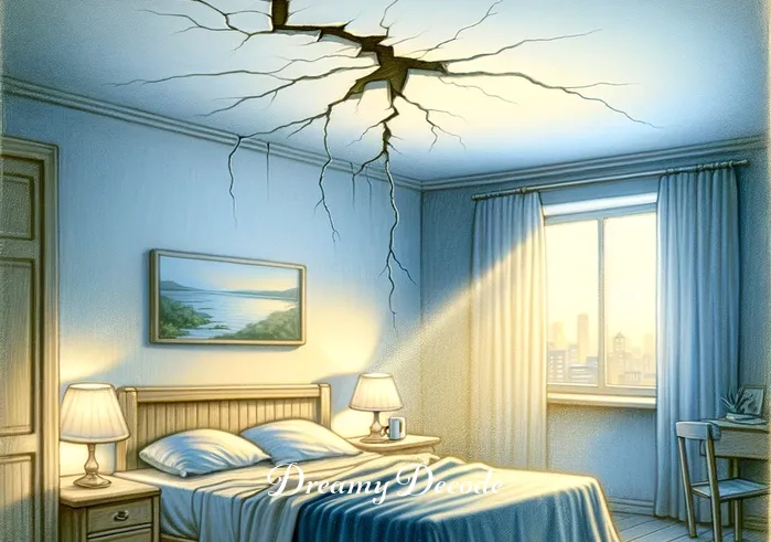 broken ceiling dream meaning _ A depiction of the same bedroom, now with a small crack forming in the ceiling. The room