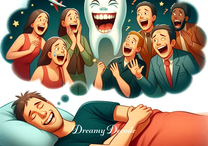 broken dentures dream meaning _ A dream sequence showing the same person, now asleep, experiencing a vivid dream. In the dream, they are at a social gathering, smiling and laughing, when suddenly one of their teeth falls out, causing surprise and embarrassment among the dream characters.