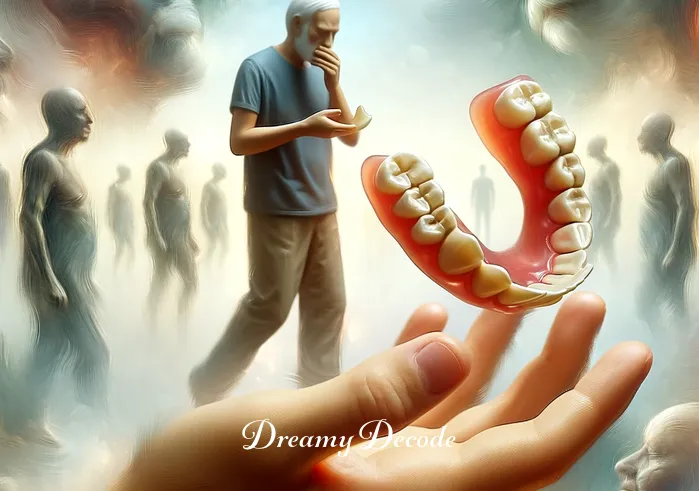 broken dentures dream meaning _ The dream shifts to a more introspective scene, where the person is examining the broken denture in their hands, surrounded by a blur of indistinct figures and soft, muted colors, symbolizing introspection and personal reflection on the dream