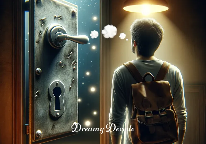 broken door lock dream meaning _ A dreamer stands before a door in a dimly lit hallway, looking puzzled. The door