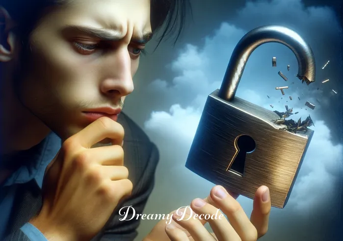 broken door lock dream meaning _ The same dreamer is now examining the broken lock closely. Their expression is a mix of concern and curiosity, reflecting the uncertainty and vulnerability associated with a broken door lock in a dream.