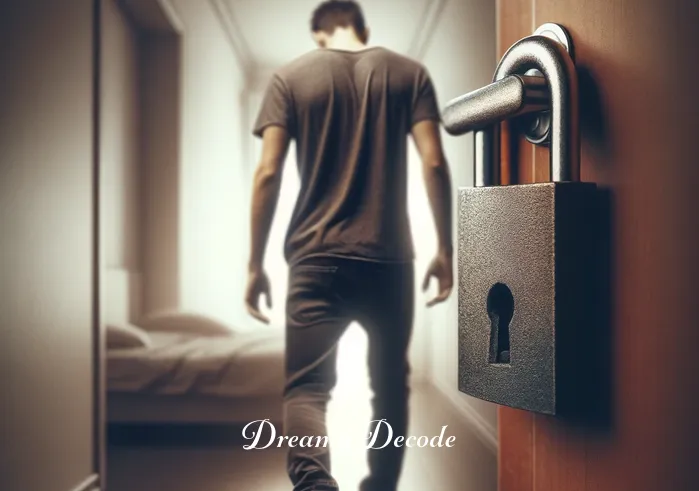 broken door lock dream meaning _ In this scene, the dreamer steps back from the door, their body language showing a sense of helplessness and frustration. The damaged lock is in clear focus, symbolizing a breach of security or personal boundaries in the dream context.