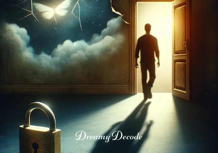 broken door lock dream meaning _ The final image shows the dreamer walking away from the door, casting a long shadow on the hallway wall. The broken lock remains in the foreground, representing unresolved feelings or challenges related to personal safety and privacy in the dreamer's subconscious.