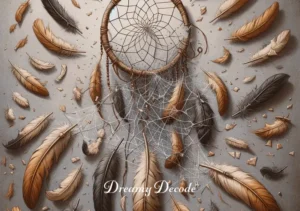 broken dream catcher meaning _ A fully broken dream catcher with its web completely unraveled and feathers scattered, representing a significant loss or the end of a cycle, urging for renewal or a fresh start.