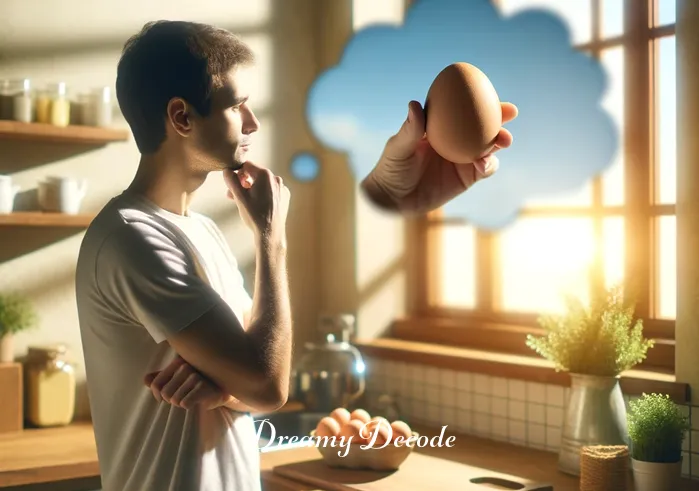 broken egg dream meaning _ A person standing in a sunlit kitchen, looking thoughtfully at an egg held in their hand, symbolizing the beginning of a dream about eggs. The kitchen is tidy and welcoming, with a window showing a clear blue sky outside.