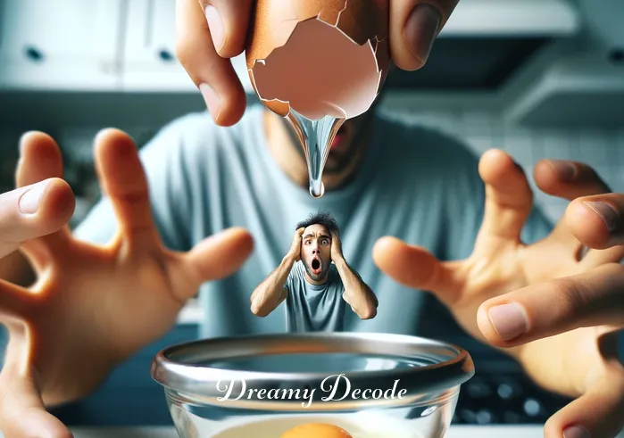 broken egg dream meaning _ The same person is now cracking the egg over a bowl on the kitchen counter, with a look of surprise as the egg begins to break. The moment is captured just as the shell starts to split, hinting at the unexpected turn in the dream.