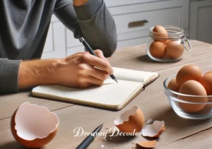 broken egg dream meaning _ A final scene showing the person sitting at the kitchen table with a notebook and pen, jotting down thoughts about the dream. The broken egg remains in the bowl on the counter, serving as a focal point for reflection on the dream's symbolism and meaning.
