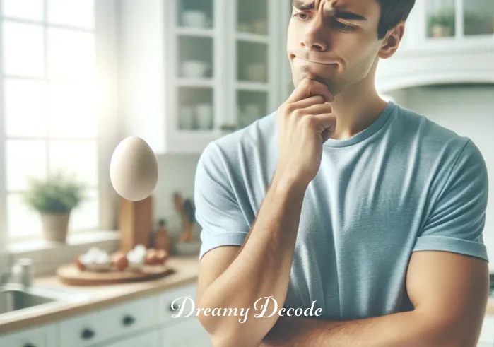 broken eggs dream meaning _ A person standing in a kitchen, looking puzzled at an unbroken egg in their hand, with a dreamy expression on their face. The kitchen is bright and clean, and there