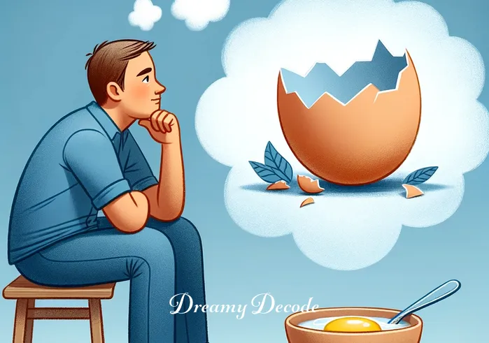 broken eggs dream meaning _ The final scene shows the person thoughtfully looking at the broken egg in the bowl, now with a look of acceptance and contemplation. This symbolizes the dreamer's acceptance and understanding of the changes or new insights revealed by the broken egg.