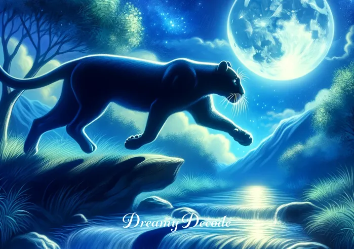panther attack dream meaning _ A serene forest clearing at twilight, with soft, ethereal light filtering through the trees. In the center, a majestic black panther, symbolizing hidden emotions or fears, sits calmly, its eyes reflecting a deep, introspective gaze. This peaceful scene suggests contemplation and the beginning of an inner journey.