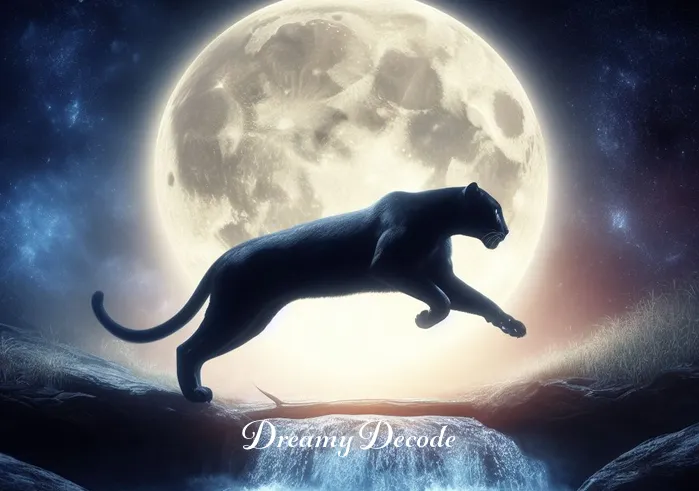 panther attack dream meaning _ In a vivid, moonlit scene, the panther is seen leaping gracefully over a small creek, symbolizing the dreamer