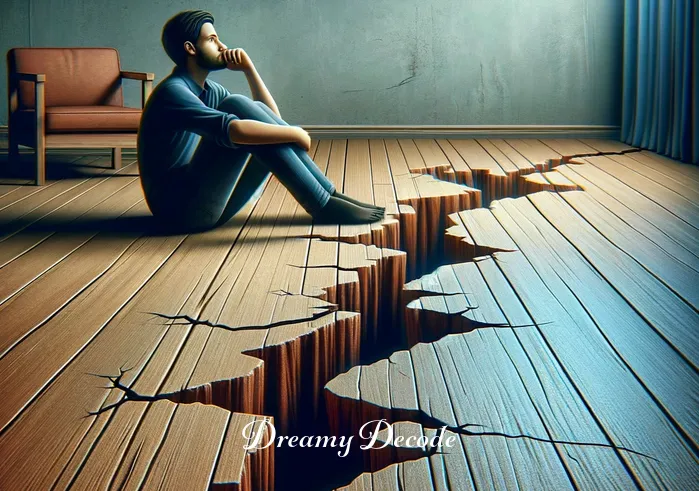 broken floor dream meaning _ The crack in the floor has widened significantly, with the person sitting beside it, looking thoughtful and introspective. This image symbolizes a moment of deep reflection and realization, as the person grapples with the implications of the widening gap.