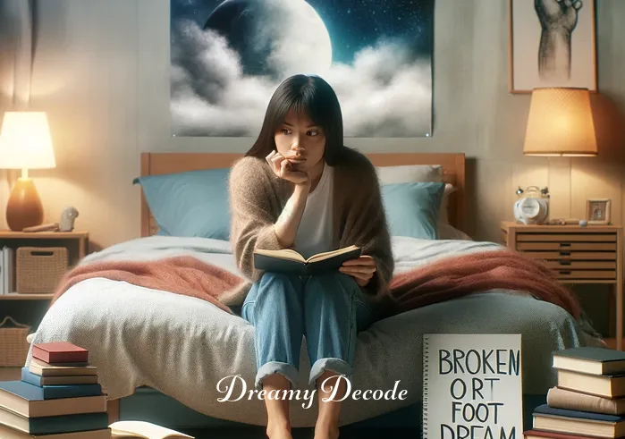 broken foot dream meaning _ A person sitting on a bed with a look of concern, surrounded by dream interpretation books and a notepad, symbolizing the beginning of an exploration into the meaning of a dream about a broken foot.