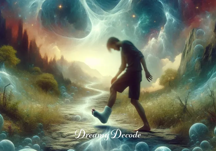 broken foot dream meaning _ An illustrative dream sequence showing the person in a dream state, visualized as walking on a rocky path and stumbling, leading to a foot injury, representing the dream of a broken foot.