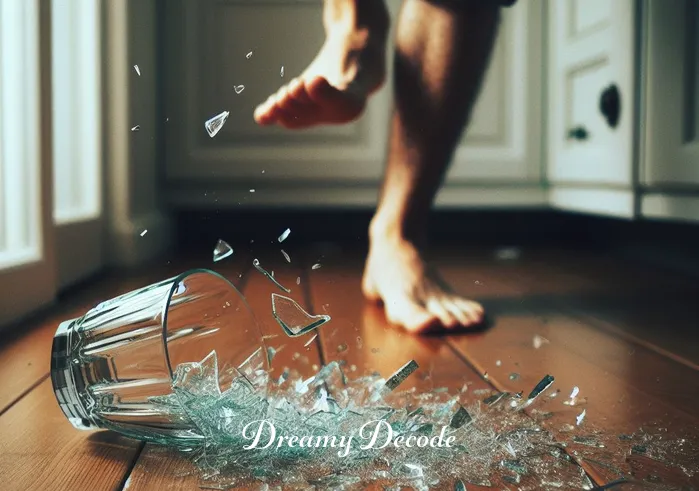 broken glass dream meaning _ The moment the glass hits the hardwood floor, frozen in time. The glass is captured just as it begins to shatter, with small fragments starting to spread outwards. The person
