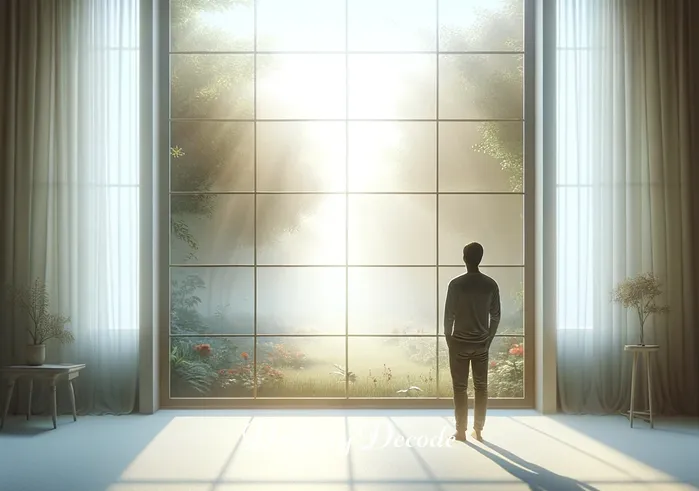 broken glass in dream meaning _ A dreamer stands before a large, unbroken glass window in a serene room, bathed in soft, morning light. The window offers a clear view of a tranquil garden, symbolizing peace and clarity in the dreamer