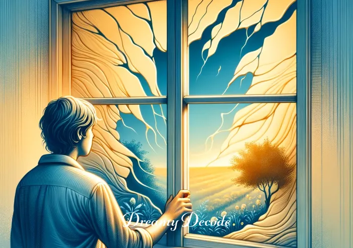 broken glass in dream meaning _ The same window now shows a small crack, with the dreamer looking closely at it. This represents the initial recognition of challenges or changes in the dreamer