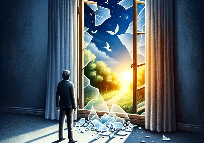 broken glass in dream meaning _ Finally, the window is shown broken, with the pieces of glass on the floor and the garden still visible through the frame. The dreamer stands beside it, suggesting acceptance and readiness to move forward despite life's obstacles and transformations.