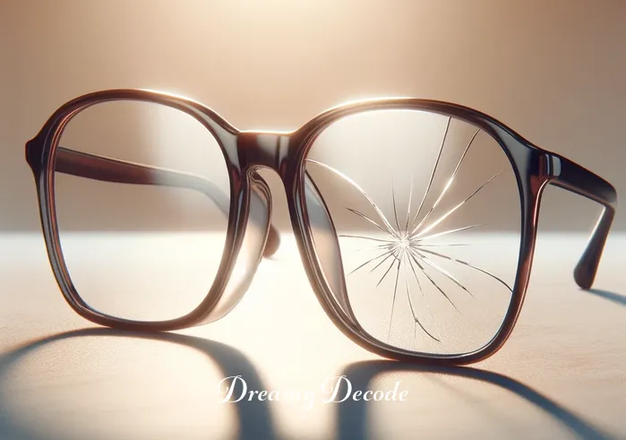broken glasses dream meaning _ The same pair of glasses now shows a small crack on the right lens, symbolically representing the first signs of challenges or changes in perspective in a dream. The background remains calm, with the soft light now highlighting the crack.