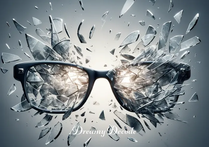 broken glasses dream meaning _ The glasses are now visibly broken, with both lenses shattered. This represents a pivotal moment of transformation or realization in a dream. The pieces of glass catch the light, creating a mosaic of reflections.
