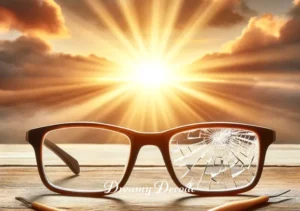 broken glasses dream meaning _ A new, different pair of glasses is placed beside the broken ones. These glasses are intact, suggesting a resolution or new understanding in a dream. The background features a sunrise, symbolizing new beginnings and restored clarity.