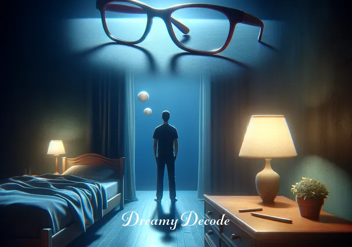 broken glasses in dream meaning _ A person standing in a serene bedroom at night, peering curiously at a pair of intact glasses on a nightstand, symbolizing the beginning of a dream sequence about glasses.