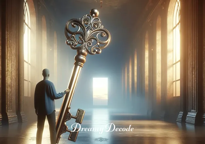 broken key dream meaning _ A person standing in a serene, dimly lit room, holding a shiny, intricate key with an ornate design, symbolizing the beginning of a journey or quest in a dream.