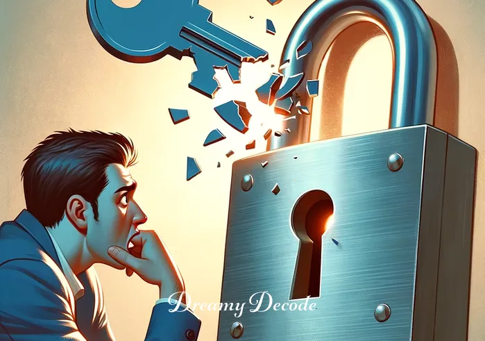 broken key dream meaning _ The key breaking inside the lock, with the broken half still in the lock and the person looking shocked, symbolizing unexpected obstacles and the feeling of being stuck or hindered in a dream.