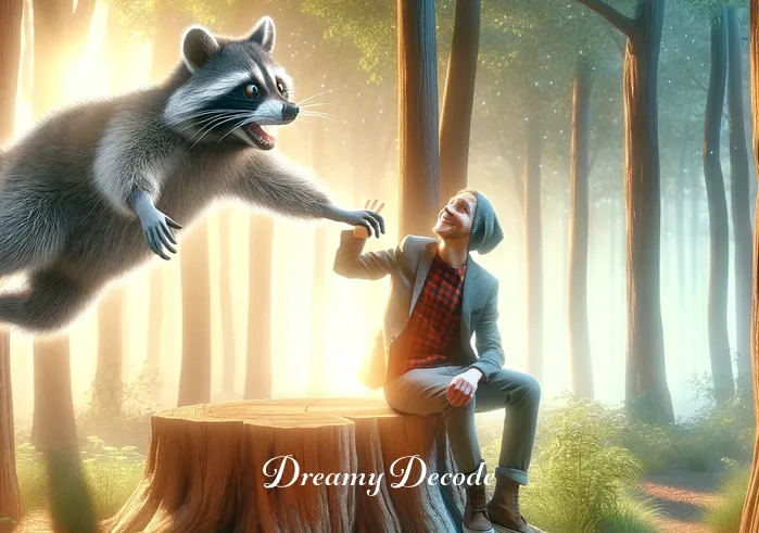 raccoon attack dream meaning _ The same dreamer now sitting on a forest stump, with the raccoon playfully tugging at the edge of their shirt, representing a deeper engagement in the dream and the raccoon